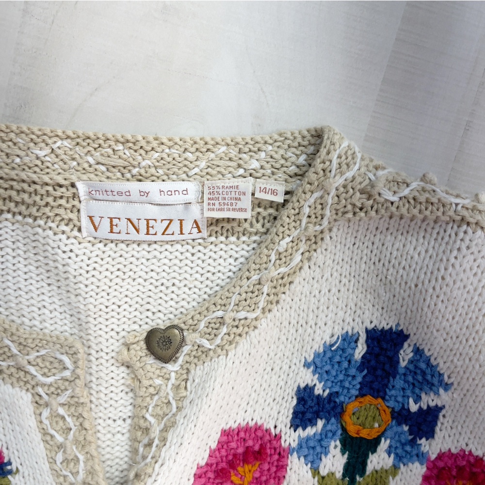 VENEZIA hand knit floral bird cardigan sweater vintage 14 16 - Picture 2 of 11